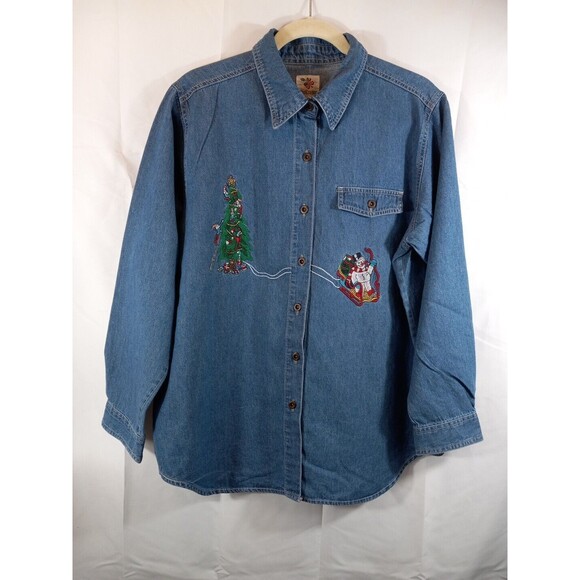 Nut Cracker Womens Christmas Theme Embroidered Long Sleeve Denim‎ Shirt Size L - Picture 1 of 8